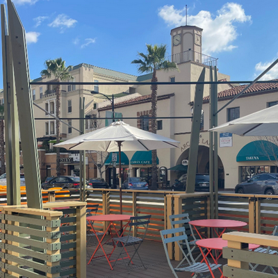 New Outdoor Dining Pavilions Installed in Playhouse Village to Open to Public Saturday